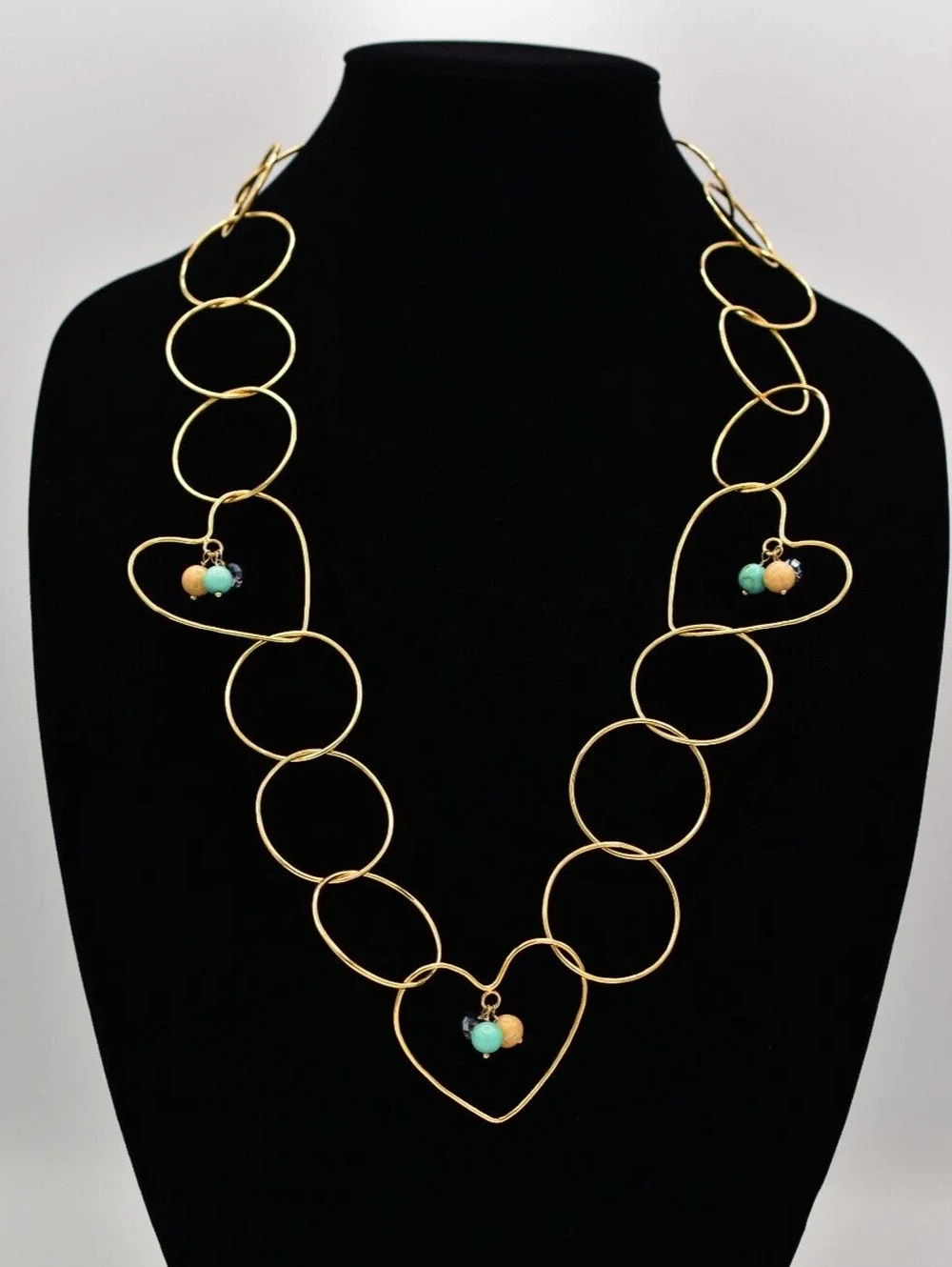 Vintage Heart Dangle Beaded Necklace Linked Gold Tone Chain Chunky 1980s BinBL